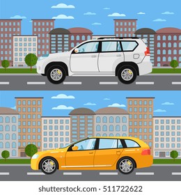 SUV car on road on city background. Vector station wagon car. Sport utility vehicles cartoon car on road. City car side view isolated. Family car and offroad car cartoon style. Modern car on city road