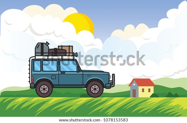 SUV car on rural landscape\
background with the sun, clouds and a house. Off-road vehicle\
moving through green meadow. Vector illustration. Flat style.\
Horizontal.