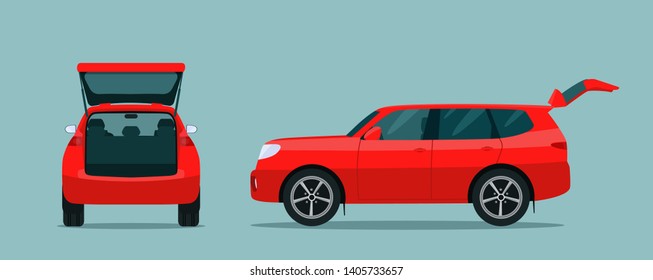 SUV car with open boot. Side and back view. Vector flat style illustration