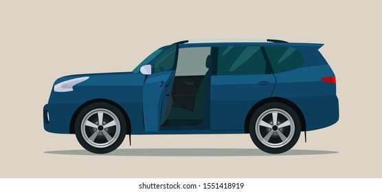 SUV car with open driver's and passenger doors. Vector illustration.