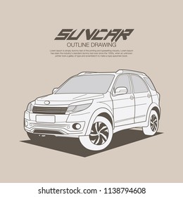 Suv car in ouline drawing vector illustration on high level camera angle.