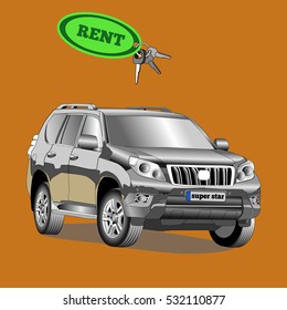 SUV car for rent with car key.  Vector illustration on brown background.