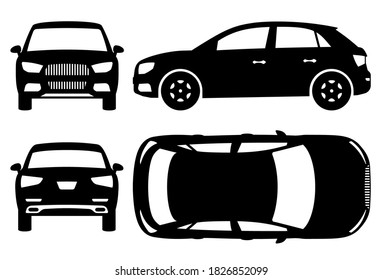 SUV car silhouette on white background. Vehicle icons set view from side, front, back, and top