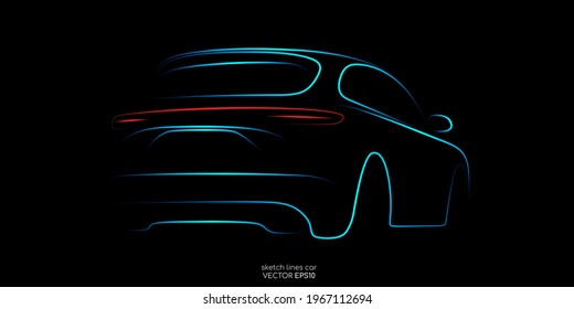 SUV car sketch line light blue and red colors isolated on black background. Vector illustration.