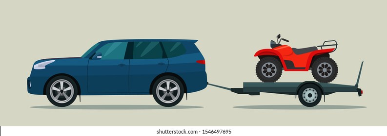 SUV car tows a trailer with a ATV. Vector flat style illustration.