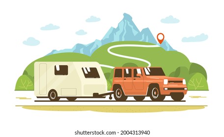 SUV car and trailer caravan on the road against the backdrop of a rural landscape. Vector flat style illustration.