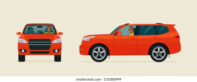 SUV car two angle set. Car with afro american man side view and front view. Vector flat style illustration