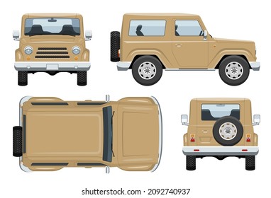 SUV car vector template with simple colors without gradients and effects. View from side, front, back, and top