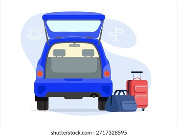 SUV-Auto mit großem offenen Kofferraum und Gepäckaufbewahrung Illustration.