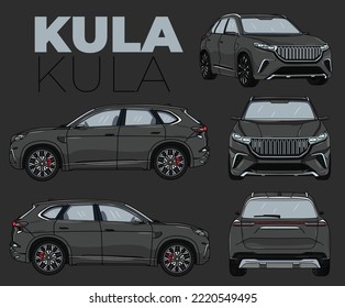 Aparcamiento de vehículos todoterreno con 5 vehículos todoterreno. Coches de color "Kula", togg