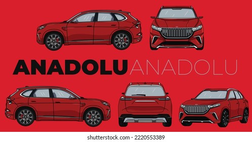 Aparcamiento de vehículos todoterreno con 5 vehículos todoterreno. Coches con color "Anatolia", togg