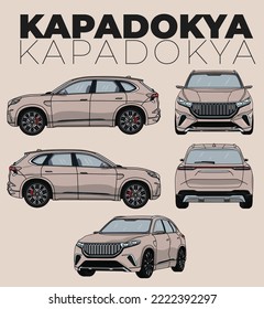 Aparcamiento de vehículos todoterreno con 5 vehículos todoterreno. Coches con color "Kapadokya", togg