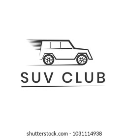 Suv club logo template. Extreme off road competition emblem. Adventure and car vehicle elements. Vector illustration, icon isolated on white background.