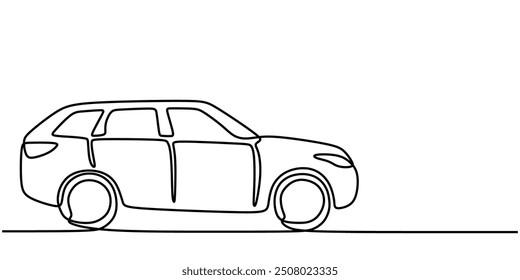 SUV Continuous Line Art. Minimalist one line vector illustration of a sport utility vehicle, isolated on white.