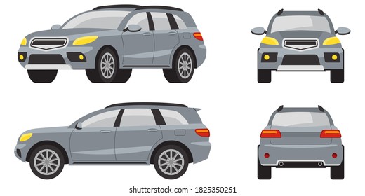 SUV in different views. Grey automobile in cartoon style.