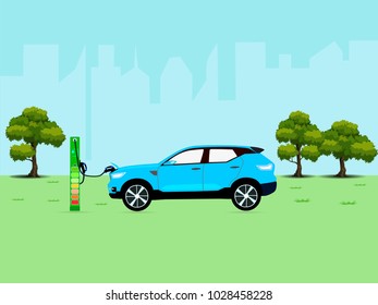 SUV Electric car charging at ev power station in the public parks