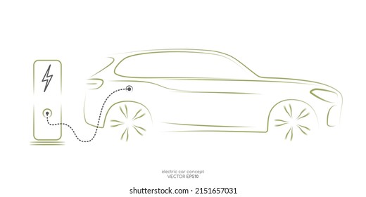 SUV electric car with charging stations by sketch line side view green colors isolated on white background. Vector illustration in concept green energy