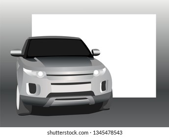 SUV, front view, on a background of a blank white banner. Expensive car. Place for text. Modern flat vector illustration.