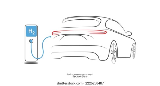 SUV hydrogen car on gas stations fuel dispenser by sketch line back view black and blue isolated on white background. Vector in concept h2 combustion engine for emission free eco friendly transport.