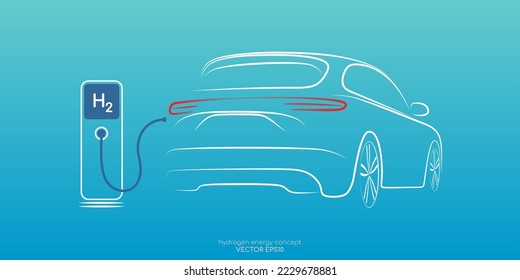 SUV hydrogen car on gas stations fuel dispenser by sketch line back view white on colorful gradient blue green background. Vector illustration.