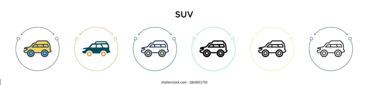 Suv icon in filled, thin line, outline and stroke style. Vector illustration of two colored and black suv vector icons designs can be used for mobile, ui, web