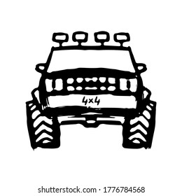 SUV icon. Ink sketch. Front view. Hand drawn vector flat graphic illustration. Isolated object on a white background. Isolate.