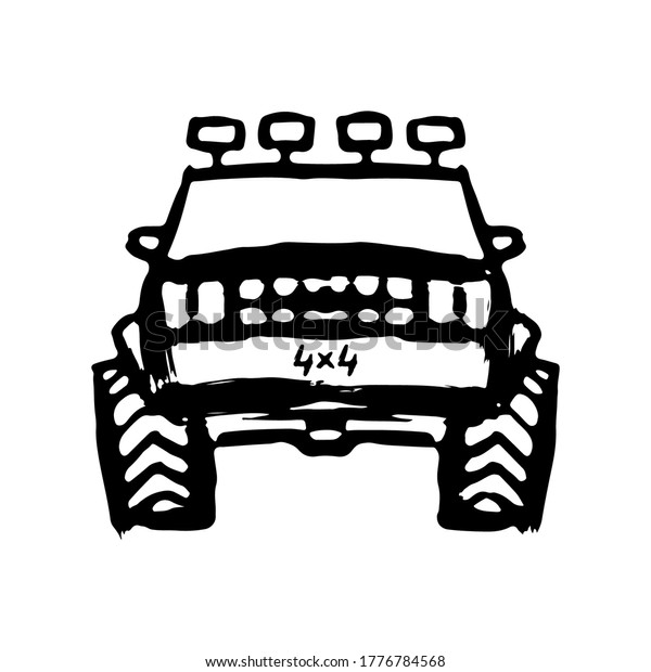 SUV icon. Ink sketch. Front view. Hand drawn\
vector flat graphic illustration. Isolated object on a white\
background. Isolate.