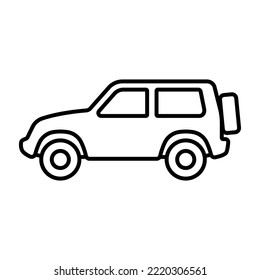 SUV icon. Off-road car. Black contour linear silhouette. Side view. Editable strokes. Vector simple flat graphic illustration. Isolated object on a white background. Isolate.