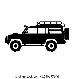 SUV icon. Offroad expedition vehicle. Black silhouette. Side view. Vector flat graphic illustration. The isolated object on a white background. Isolate.