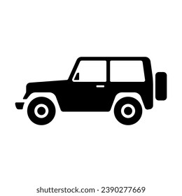 Icono SUV. Vehículo fuera de carretera. Silueta negra. Vista lateral. Ilustración gráfica plana vectorial simple. Objeto aislado sobre un fondo blanco. Aislar.