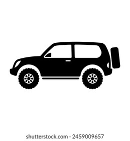 Icono de SUV. Vehículo todoterreno. Silueta negra. Vista lateral. Vector simple ilustración gráfica plana. Objeto aislado sobre fondo blanco. Aislar.