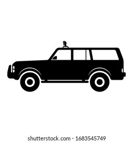 SUV icon. Side view. Black silhouette. Vector graphic illustration. Large family car. Farm transport. Isolated object on a white background. Isolate.