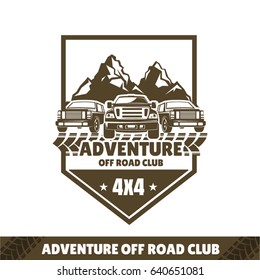 SUV logo, travel icon, emblem for off-road shop, badge with jeeps in the background of mountains