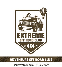 SUV logo, travel icon, emblem for off-road shop. Travel illustration with landscape