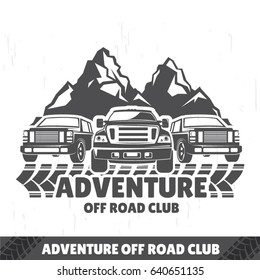 SUV logo, travel icon, emblem for off-road shop, badge with jeeps in the background of mountains