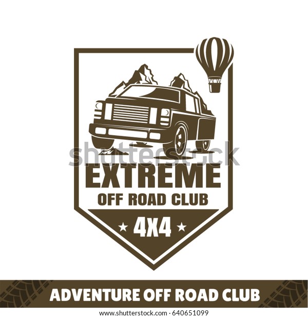 SUV logo, travel icon, emblem for off-road\
shop. Travel illustration with\
landscape