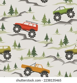 SUV off road cars seamless pattern with pines and stones. Endless fun cartoon texture for children fabric and fashion print. Vector background.