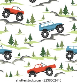 SUV fuera de los vagones de carretera sin problemas con pinos y piedras. Textura de dibujos animados infinitos y divertidos para el tejido infantil y la impresión de moda. Fondo vectorial.