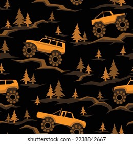 SUV off road cars seamless pattern with pines and stones. Endless fun cartoon texture for children fabric and fashion print. Vector background.