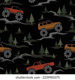 SUV off road cars seamless pattern with pines and stones. Endless fun cartoon texture for children fabric and fashion print. Vector background.