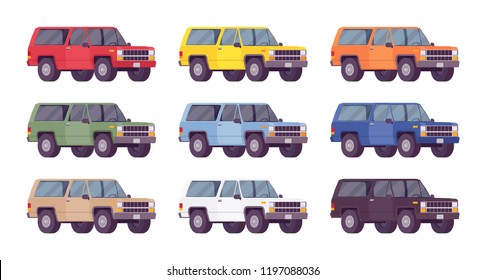 SUV, fuera de casa, decorado en colores vivos. Poderoso vehículo con tracción en cuatro ruedas para terreno duro, viajando por carreteras públicas, playas. Dibujo de dibujos animados de estilo plano vectorial aislado en fondo blanco