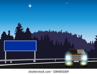 SUV on the road in the woods at night with lights on. Empty road Billboard. Vector Illustration