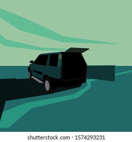 An SUV out in the vast green fields with vast sky