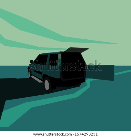 An SUV out in the vast green fields with vast sky