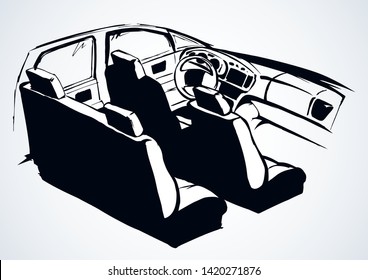 Suv rear chair, rudder, tachometer, monitor isolated on white background. Dark black ink hand drawn icon symbol sign logo emblem pictogram in art retro contour print style. Back view on space for text