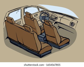 Suv rear chair, rudder, tachometer, monitor isolated on beige background. Bright brown color hand drawn icon symbol sign logo picture design in art retro cartoon style on paper text space. Back view