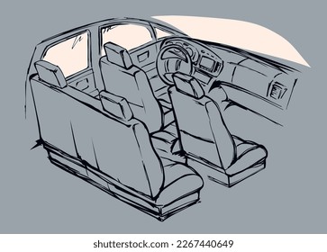 Suv rear chair, rudder, tachometer, monitor isolated on white background. Freehand line black ink hand drawn icon sign symbol picture sketchy in art retro doodle style pen on paper space for text. Bac