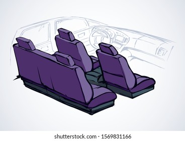 Suv rear old chair, rudder, tachometer, monitor isolated on white background. Bright purple color line hand drawn icon symbol sign logo picture design in art retro style on paper text space. Back view