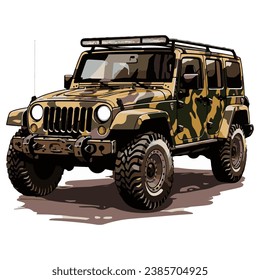 SUV with round headlights and camouflage on a white background.