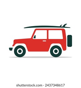 Icono de SUV y tabla de surf. Vehículo todoterreno. Silueta de colores. Vista lateral. Ilustración gráfica plana simple del vector. Objeto aislado sobre fondo blanco. Aislar.